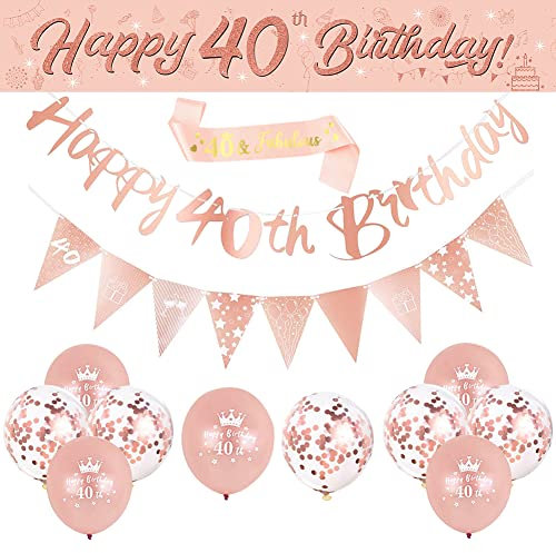 DEARLIVES 14 Pieces 40th Happy Birthday Decorations,Rose Gold Party Supplies Including Banners Straps Triangle Flag Bunting Confetti Latex Balloons (40th Birthday)