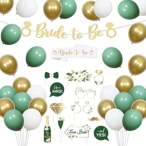 Bride to Be Deko Grün, JGA Deko Frauen, Junggesellenabschied Frauen Deko Set - Photo Booth Requisiten JGA Braut, Bride to Be Banner, Schärpe, Ballons Grün Gold