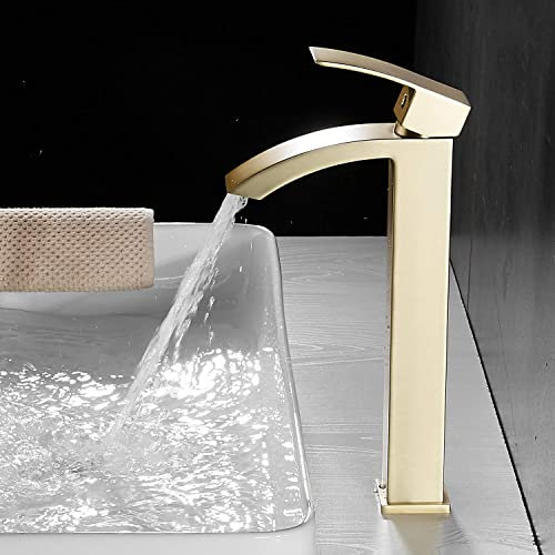 Leekayer Robinet de salle de bain cascade poignée unique 1 trou montage sur pont lavabo moderne grand robinet or brossé, LK70531BGZH-CXC