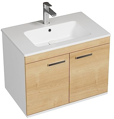 SANIVERRE RUBITE Meuble Salle de Bain Simple Vasque 2 Portes Chêne Largeur 70 cm