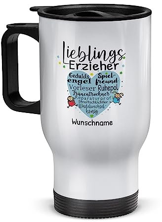 Tassendruck Edelstahl-Thermobecher selbst gestalten mit Name - Lieblingserzieher - Geschenke für Erzieher Abschiedsgeschenk, Coffee to Go Becher | Personalisiertes Geschenk, Weiß, 390 ml