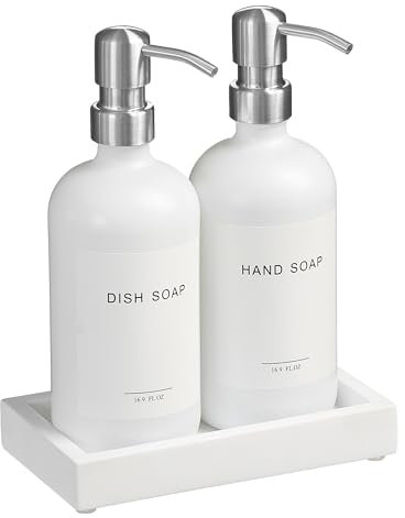 Glass Soap Dispenser with Pump and Concrete Tray | Vintage Soap Dispenser Bathroom and Kitchen Set with Dish Soap, Hand Soap, Lotion Waterproof Labels (White Silver/White Tary)