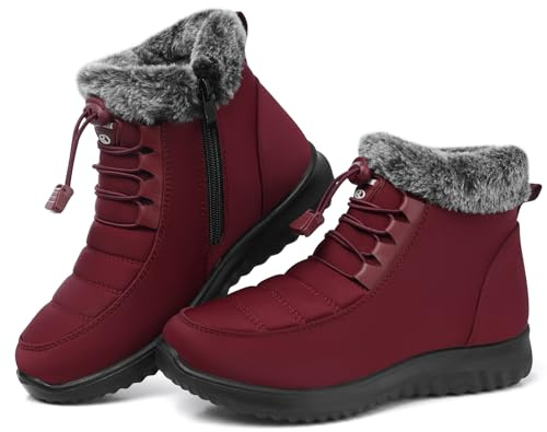 SHIBEVER Snow Boots for Women Winter: Fur Lined Warm Ankle Boots - Cold Weather Water Resistant Outdoor Zipper Snow Shoes Red Size 9