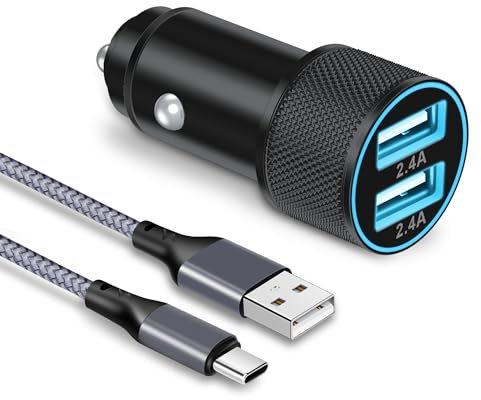 MatauMahi Adaptador Cargador Coche con Cable USB C, Mechero USB 2 Puertos 5V2,4A y Cable Tipo C, Enchufe USB 12V/24V para iPhone 16 15 Pro MAX/Pro/Plus, Samsung Galaxy S24/S23, Google Pixel 9/8/7