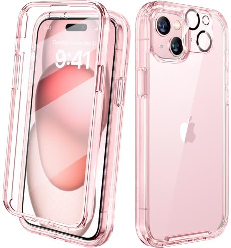 Diaclara Designed for iPhone 15 phone Case, Full Body Rugged Case with Built-in Touch Sensitive Anti-Scratch Screen Protector, with Camera Lens Protector for iPhone 15 6.1 (Clear Pink)