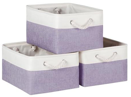 Syeeiex Storage Basket for Shelves [3-Pack], Storage Boxes with Handles, Large Fabric Storage Bins for Organizing Home and Office, Violet