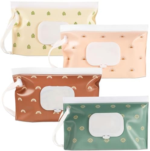 SANNIX Wet Wipes Bag for Babies, 4 Wet Wipes Bag for On The Go Wet Wipes Bag for Babies Portable Reusable Wet Wipe Bag Baby Wet Wipe Dispenser (Bohemia)