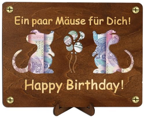 Vicloon Geldgeschenke Geburtstag, Kreatives Holz-Geschenk mit Ständer, Grußkarten, Geldkarte und Deko (Mäuse)
