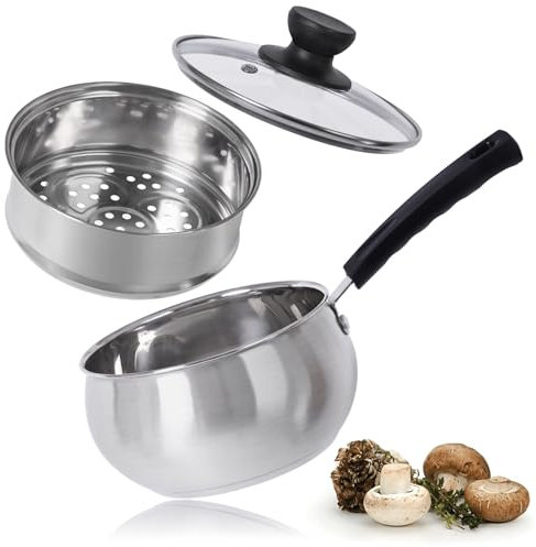 1.5 QT Stainless Steel Saucepan- Non Stick Sauce Pan with Steamer & Glass Lid for Cooking Steaming Vegetables, Soups, Stews with Stay-Cool Bakelite Handle Multipurpose Cooking Pots for All Cooktops