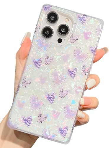 KERZZIL Elegent Girly Pearl Texture Compatible with iPhone 13 Pro Max Square Edge Case, Cute Love Hearts Pattern Slim Soft TPU Protective Bumper Cases Cover(Purple,13 Pro Max)