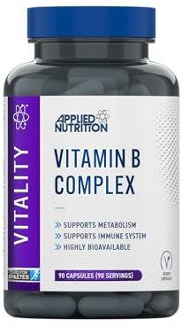 Applied Nutrition Vitamin B Complex High Strength, 90 Vegan Capsules, B1, B2, B3 Niacin, B5, B6, B7 Biotin, B9 Folic Acid, B12, with Choline, Inositol, PABA, Energy and Immune Support, Halal, UK Made