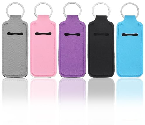 5PCS Lipstick Holder Key Chain Cute Lip Balm Holder Keyring Clip on Chapstick Lipstick and Lip Gloss Keychain Sleeve Holder, Stocking Stuffers for Women(Daisy Pink/Blue/Purple/Grey/Black)