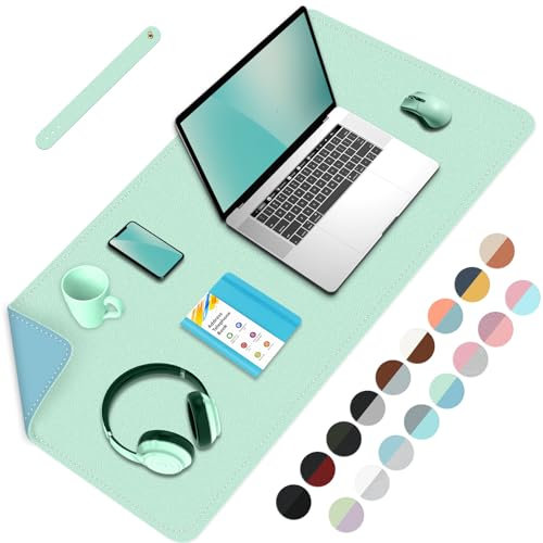 BLESWIN Schreibtischmatte, PU Leder Schreibtischunterlage, Wasserdichtes großes Mauspad, Schreibtisch Tischschutzmatte, Mauspad für Büro/Haus/Deko-Seegrün+Blau, 80cmx 40cm