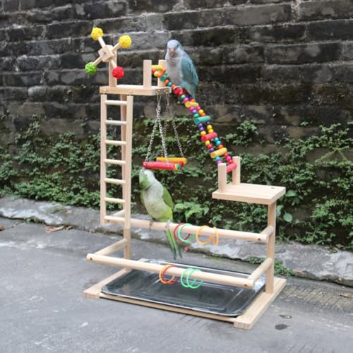 Wooden Bird Playstand & Gym - Parrot Playpen With Ladder, Swings, Windmill & Stainless Steel Tray - Large Perches for Parakeets, Cockatiel & Lovebirds
