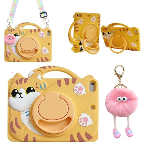 Funda 3D para iPad Mini de 1ª, 2ª, 3ª, 4ª, 5ª generación de 7.9 pulgadas, diseño de dibujos animados kawaii, bonito gato, funda giratoria de silicona suave con cordón para niños, adolescentes, niñas y