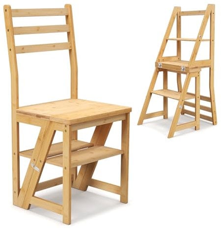 RELAX4LIFE klappbarer Leiterstuhl, Bibliotheksleiter Bambus, 3-stufiger Tritthocker mit Sicherheitsschloss, Faltstuhl mit für Küche, Bibliothek & Büro, Trittleiter 150 kg belastbar, Natur