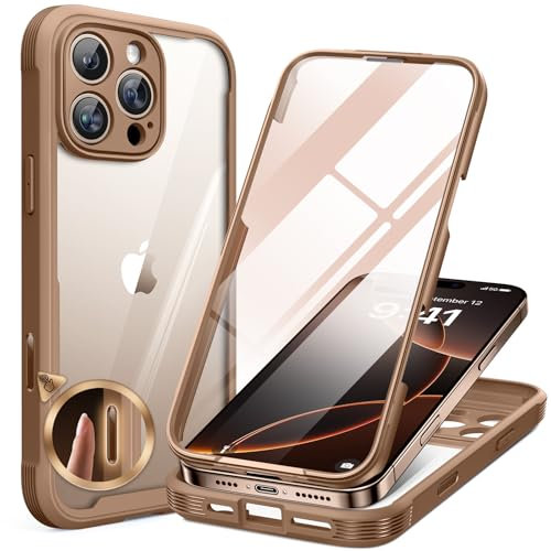 Miracase Glass Case for iPhone 16 Pro Case 6.3-Inch,[Camera Control Button Covered] + [Built-in 9H Tempered Glass Screen Protector without Bubble] Full Body Bumper Clear Back Cover (Desert Titanium)