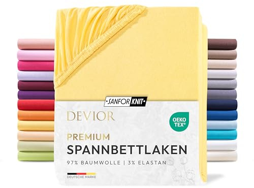Devior Premium Spannbettlaken 180x200cm - 200x220cm für Boxspringbetten bis 32cm, 97% Baumwolle & 3% Elastan, Gelb – 190 g/m² Anti-Statisches, atmungsaktives Bettlaken mit Einlaufschutz