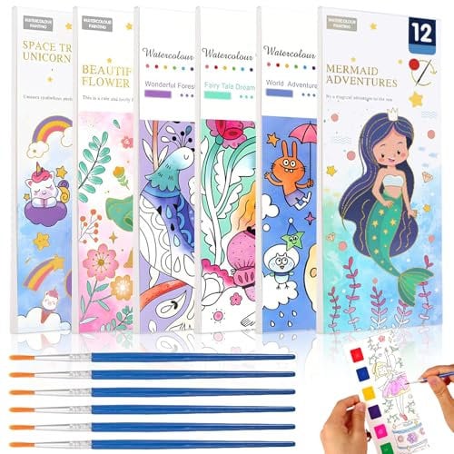 Ksvaye 6 Stück Malbuch mit Wasserfarben Kinder, Aquarell Malbuch Kinder, Wasserfarben Malbuch kinder mit Wassertankpinsel für Kinder Kleinkinder 3-15 Jahre