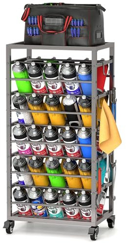 Suuiwau Spray Paint can cart,Heavy Duty Metal Spray Paint Can Storage Holder Rack,50 Can Rolling Holder with Tray for Garage, Craft Workroom