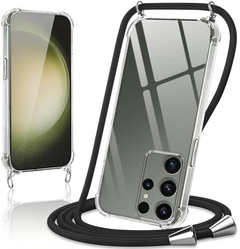 Coiwxmoi Handykette Handyhülle für Samsung Galaxy S23 Ultra 5G Hülle mit Band 6.8,Transparent Case mit Kette Abnehmbar zum Umhängen Kordel Schutzhülle,Weich Silikon TPU Stoßfest Cover,Schwarz