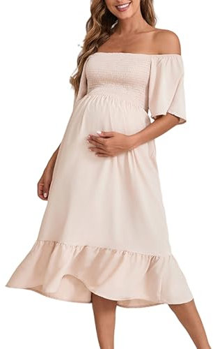 Robe épaule Dénudée Maternité Manche Courte Robe mi Longue Grossesse à Volants Ete Grande Taille Ample Enceinte Chic Pas Cher Shooting Photo (Beige, L)