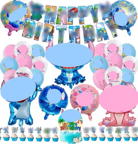Stitc h Kit de Decoración para Fiesta de Cumpleaños Infantil,Incluye Globos de Aluminio 3D,Pancarta de Feliz Cumpleaños,Temática de Stitc h,Ideal para Fiestas de Niños,Decoración Festiva (B)