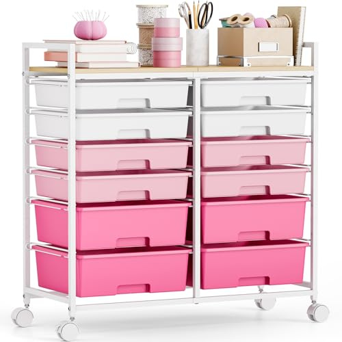 12-Drawer-Plastic-Rolling-Storage-Utility-Craft-Organizer-Trolley-Cart on Wheels with Wooden Tabletop for Home, Office, Classroom, Makeup, Pink