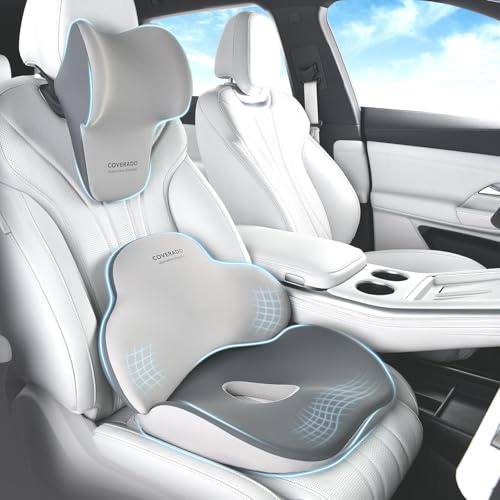 Coverado Sitzkissen und Lendenunterstützung Hals Kissen für Bürostuhl und Autositz, Ergonomisches Memory-Schaum Sitzkissen für Auto, Ischias und Rücken und Tailbone Pain Relief Kissen