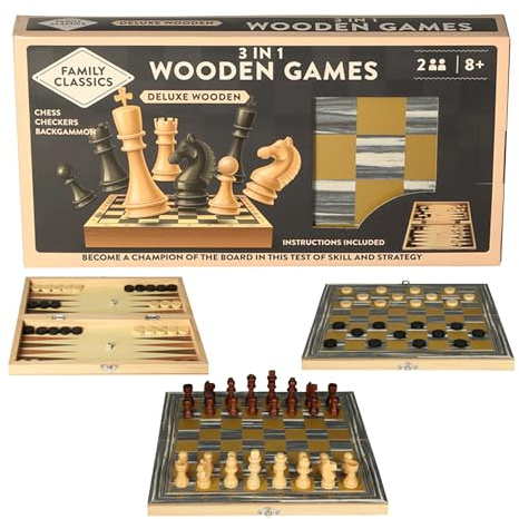 3 in 1 Folding Wooden Board Game Set - Full Size Chess Board, Checkers Draughts, Backgammon, Portable Travel Game Set, Interior Storage Wood Box, For Kids and Adults Educational Play, For Beginners,