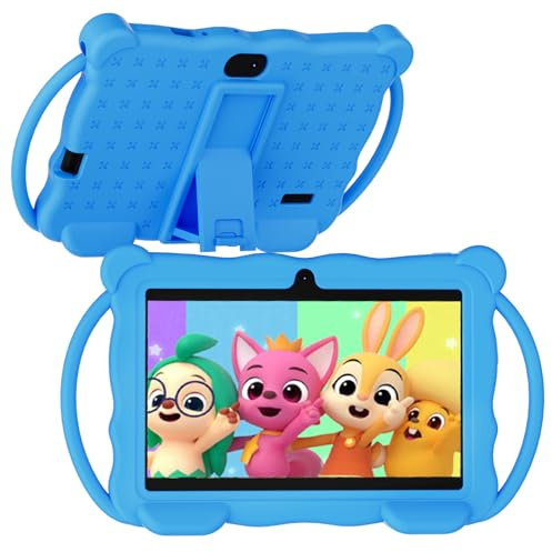 Vyrolinia Kids Tablet 7 inch Android 14.0 for Toddler, 4GB RAM 32GB ROM Bluetooth IPS Screen Google Play YouTube Parental Control Dual Camera Shockproof Case for Educational Games (Blue)