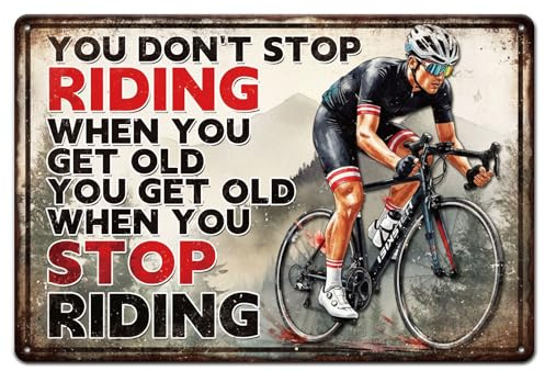 GLOBLELAND Bike Bicycle Cyclists Metal Tin Sign 8x12in Don't Stop Riding Vintage Painting Tin Signs Wall Poster Plaque for Bike Shop Garage Home Office Outdoor Space Sports Room Cycling Studio