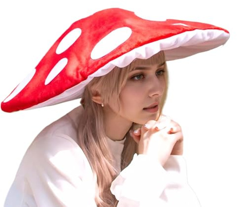Lawnrden Pilzmaterial, Pilzhut Red Wide Rand Cap Polyester Hut Cosplay Simuliertes süßes und übergroßes Kostüm für Halloween, Kostümpartys, Cosplay, Themenveranstaltungen