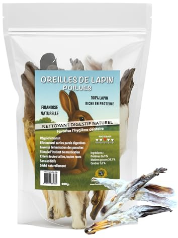 Haarige Hasenohren für Hunde – natürliche Leckereien, 200 g, reich an Proteinen – gesunde Verdauung, natürliche Wurmhaut, langhaltend, fettarm – Snack für Hunde aller Rassen