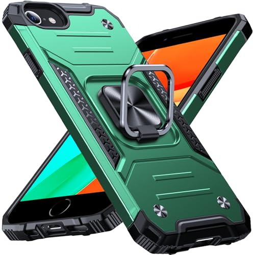 Anqrp Heavy Duty Case for iPhone 6/7/8/SE/SE2 Case with Enhanced Ring Holder Grip Stand, Military Grade Shockproof Rugged Drop Protective Silicone Hard iPhone SE Phone Case Cover, Dark Green