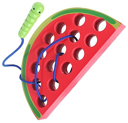 Dilwe Hölzernes Schnür-Fädelspielzeug-Puzzlespiel für, Lehrreiches Wurm Fressendes Obstfädeln Zur Verbesserung der Auge-Hand-Koordination, Tragbares Reisespielzeug aus Holz (Wassermelone)