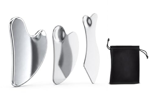 3 Pcs Stainless Steel Gua Sha Tool Set for Face Neck Body | Includes storage bag, ideal for eyes and muscle scraping massage, guasha stone, muscle scraper, multi-functional.