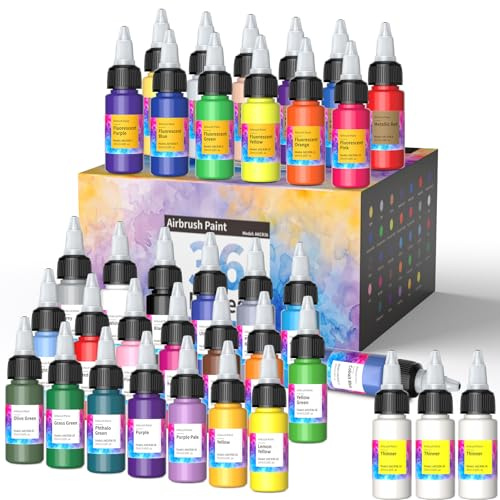 Oasser Airbrush Paint Set for Model, 33 Colors with 3 Thinners Water-Based | No Clog Smooth Flow, Non-Toxic Low Odor, Fits 0.2-0.5mm Airbrushes, Works on Model Canvas Wood Sneaker Nail