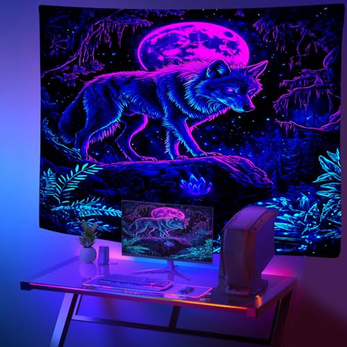 Fantasy Wolf Wandteppich – Dschungel Vollmond Tiere UV-Reaktive Schwarzlicht Deko für Schlafzimmer & Wohnzimmer – Leuchtet im Dunkeln, Aesthetic Wandbehang für Party Wohnheim Dekoration 300x180cm