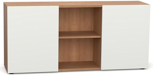 Rheinland Möbel Sideboard Pure 160×42×75 cm – griffloser Schwebetürenschrank 2OH in Nussbaum mit Front in Weiß für Ordner, Büro & Homeoffice