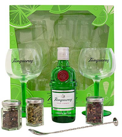 Tanqueray Gin Set | Includes Tanqueray London Dry Gin 35cl, 2 x Official Tanqueray Gin Glasses, 3 x Aromatic Botanicals, Bar Spoon and Recipes | Perfect Flavoured Gin Gift Set