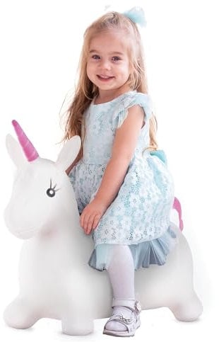FiNeWaY Kids Inflatable Unicorn Jump Bounce Space Hopper Outdoor Animal Ride On Toy Fun With Pump Included - Great Fun for Kids - Ideal Inflatable Bouncer Toy Bouncing