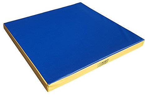 NiroSport Turnmatte für zu Hause / 8cm hohe Weichbodenmatte für Gymnastik & Yoga/Kinder Sportmatte für Turnhallen – hautfreundlicher Fitnessmatte aus abwaschbarem Kunstleder (100 x 100cm, Gelb/Blau)