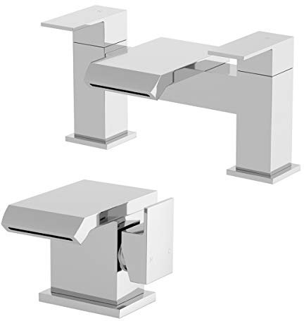 Architeckt® Skara Bathroom Bath Filler Mixer Tap and Basin Tap Set Deck Mounted Square Twin Lever Handle Modern, Chrome