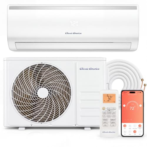 Classic America 12000 BTU 19 SEER2 Mini Split AC/Heat Pump & 16 ft Line Set | WiFi/Alexa Controlled – Remote Control Included – Ductless Wall Mount Inverter – 550 Sq Ft Coverage – 110/120V – Quiet 27dB