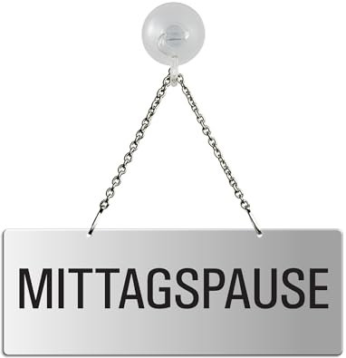 Hängeschild Mittagspause 175x65 mm mit Saugnapfhaken Aluminium silber-matt eloxiert Text einseitig Metallkette Nr.31052-ES
