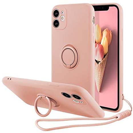 UEEBAI Case for iPhone XR, Ultra Slim TPU Shockproof Case Liquid Silicone Case Rotatable Ring Holder Kickstand with Magnetic Car Mount Gel Rubber Cover Wrist Strap for iPhone XR - Pink