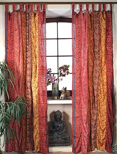 GURU SHOP Boho Patchwork Vorhänge, 1 Paar Bohemia Gardine aus Sareestoff, Unikat 250 cm - Orange, Synthetisch