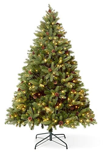 VeryMerry 5FT 'Ascot' Pre-Lit Christmas Tree with 200 Built-In Warm White LED Lights with Auto-Off Timer, 8 Lighting Modes and Real Decorative Pinecones