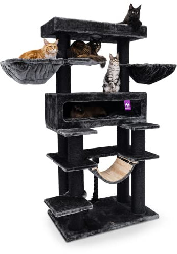 Petrebels Maine Coon Kratzbaum XXL, Lookout 198 cm, Design Kratzbaum für große Katzen, Extrem Stabil, mit 15cm Ø Natur-Sisal Stämme, Farbe Schwarz